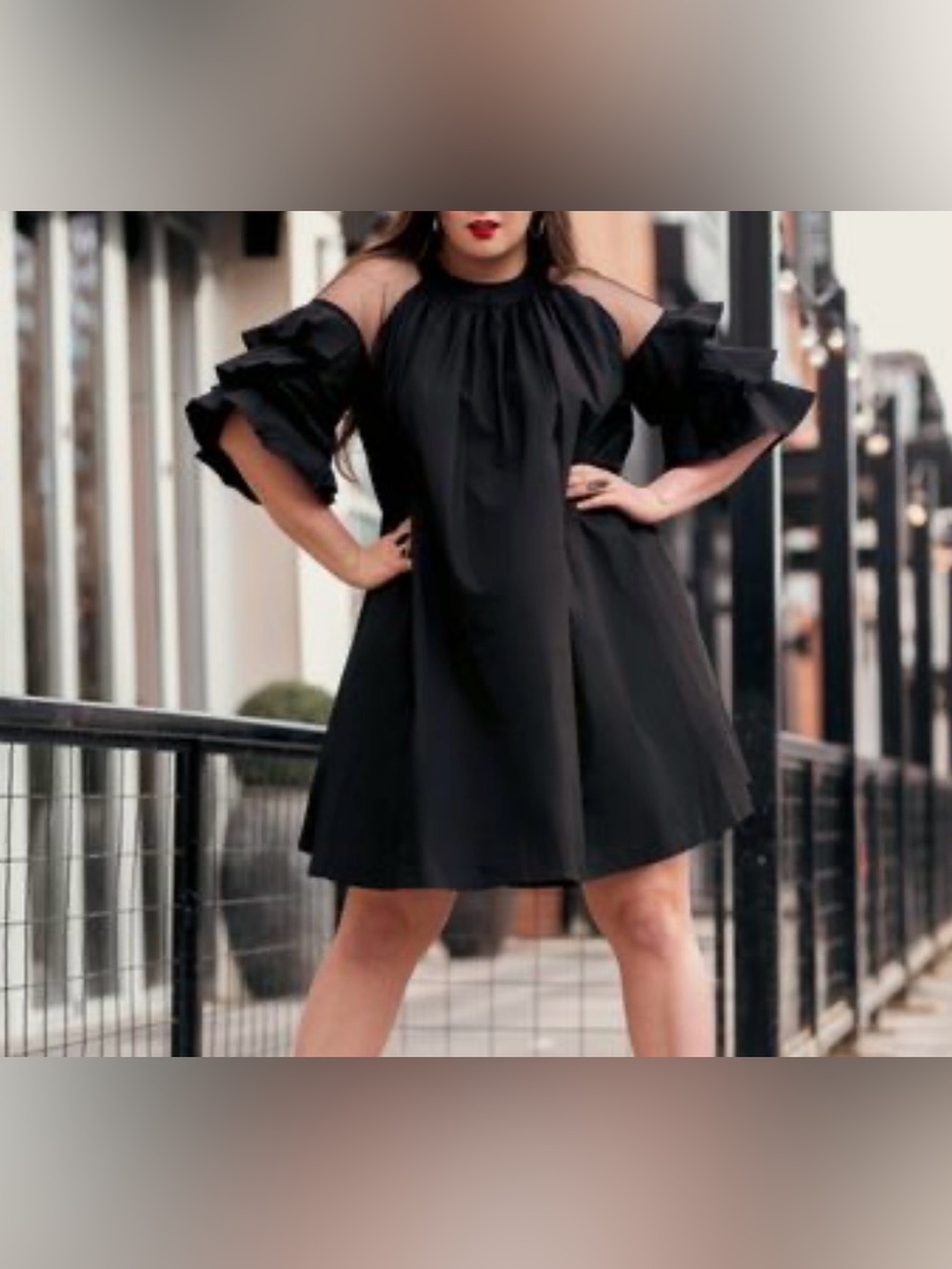 KATE HEWKO Black Cold-Shoulder Ruffle Mini Dress with High Neckline size L